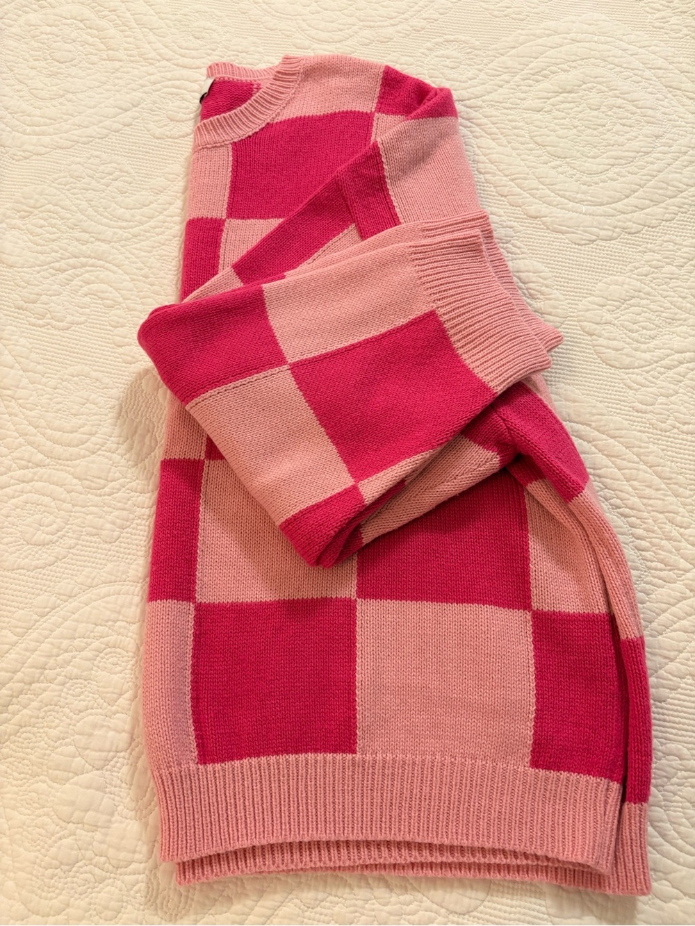 Gilli Pink and Hot Pink Checkerboard Crewneck Sweater